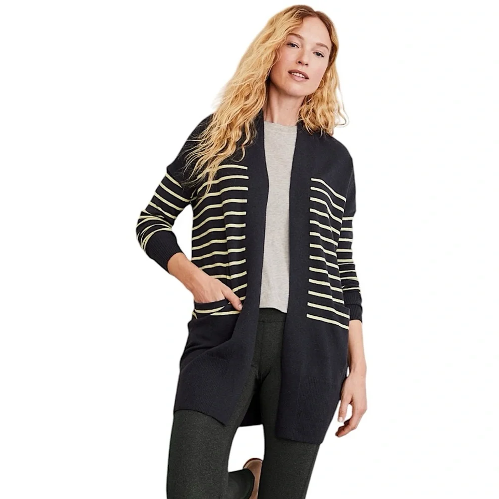 Garnet Hill Striped Long Oversized Cardigan size XS Wool Organic Cotton